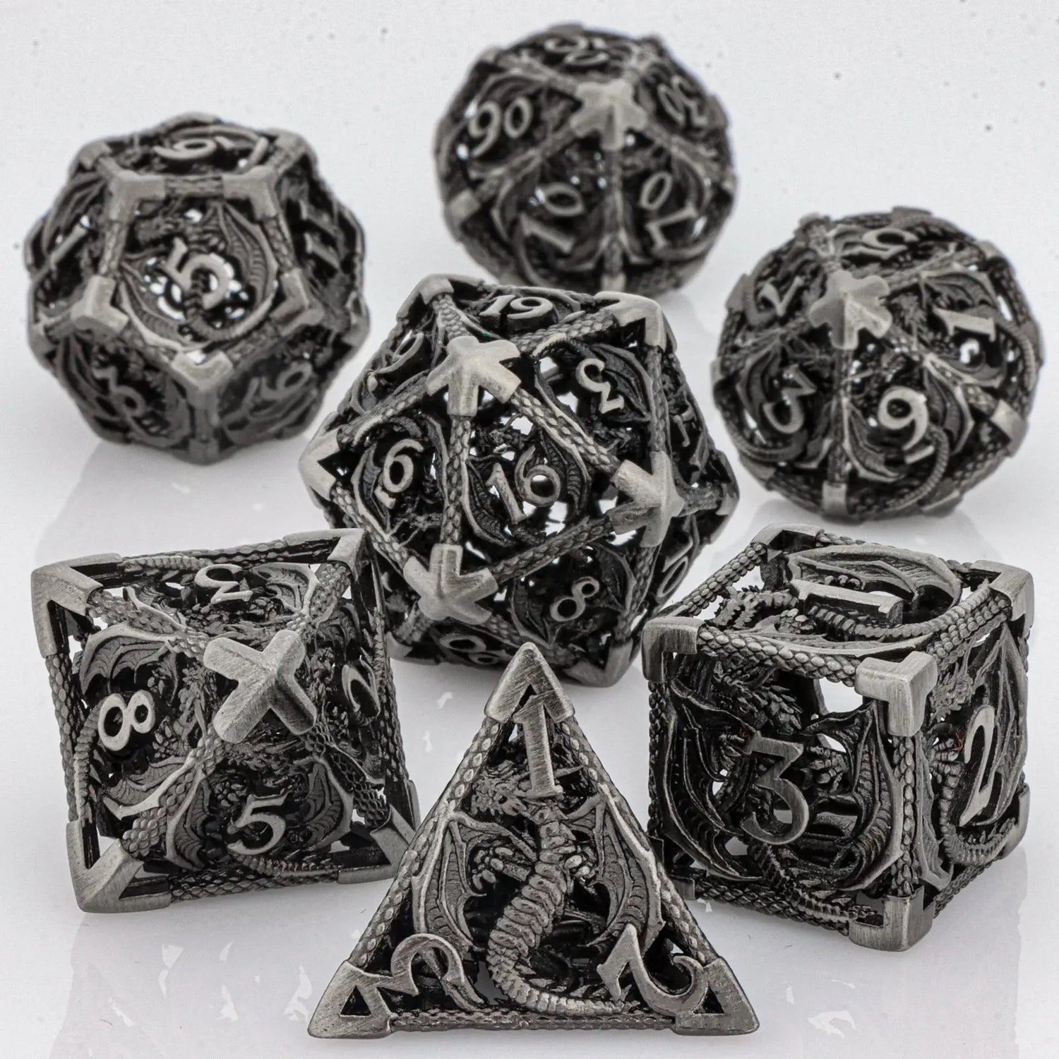 7-Piece Hollow Dragon Metal Dice Set – Intricately Carved Polyhedral Dice for Dungeons & Dragons, Pathfinder & RPG Tabletop Games Gamers Guild