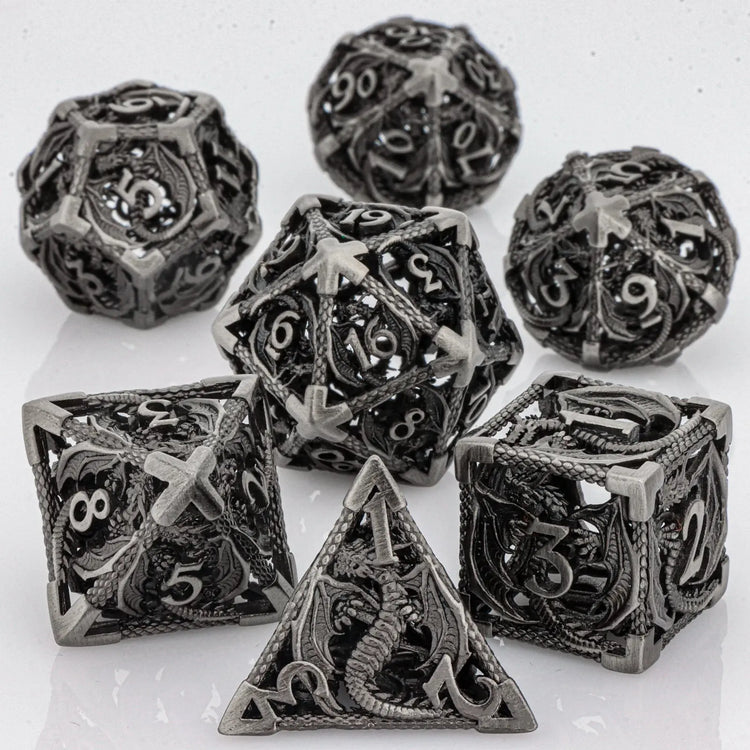 7-Piece Hollow Dragon Metal Dice Set – Intricately Carved Polyhedral Dice for Dungeons & Dragons, Pathfinder & RPG Tabletop Games Gamers Guild