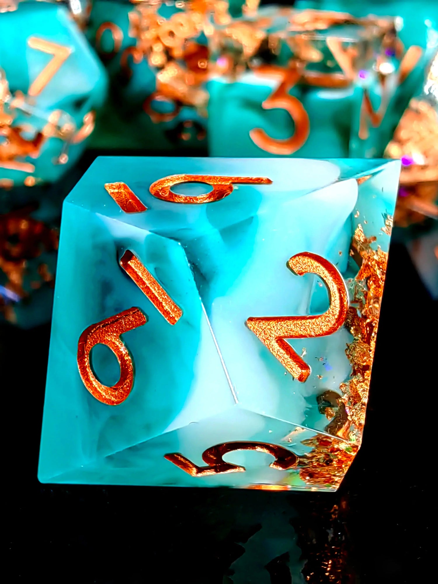 7-Piece Sharp Edge Resin Dice Set – Green Transparent Base with Copper Numbers for D&D & Tabletop RPGs Gamers Guild