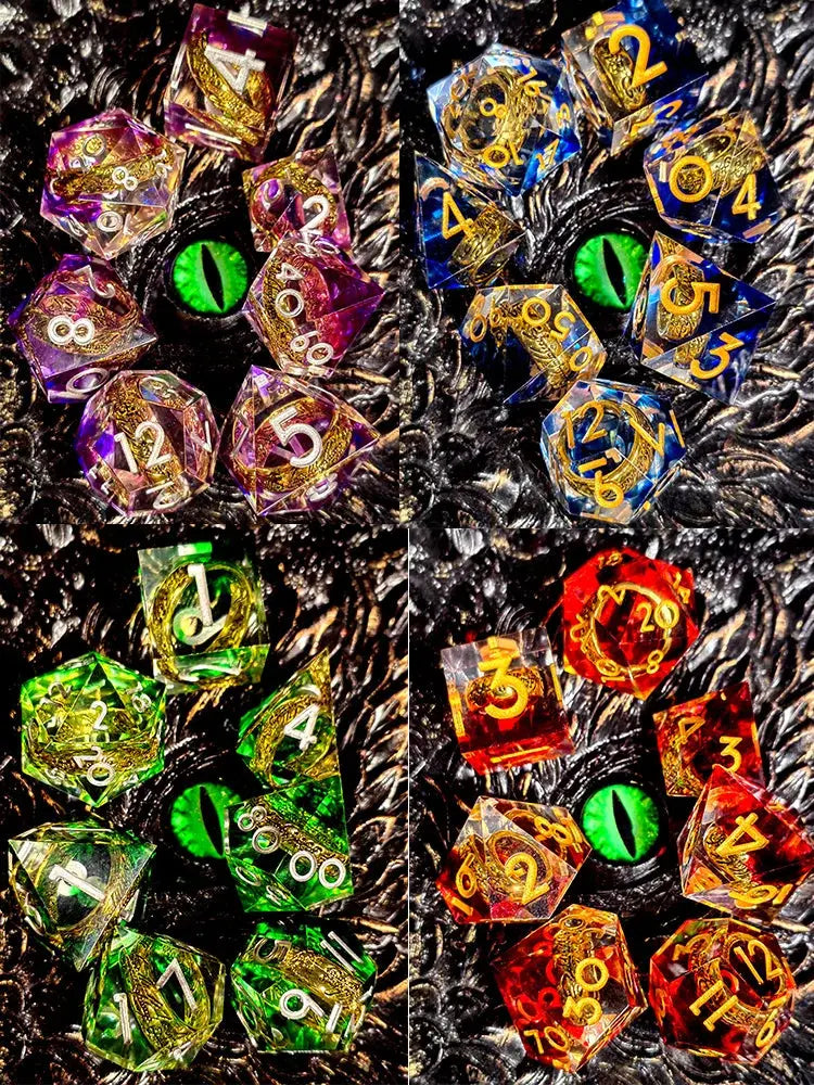 7-Piece Sharp Edge Resin Dice Set – Green Transparent Ring Core with Silver Numbers for RPGs Gamers Guild