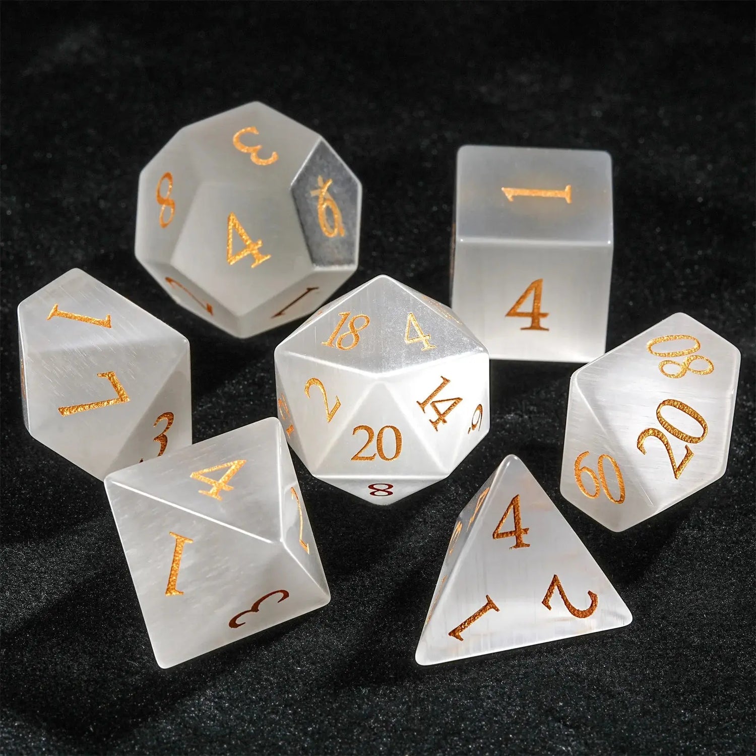 White Jade Pirate Dice Set with golden numerals, showcasing seven unique gemstone dice for tabletop RPG adventures.