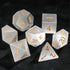 White Jade Pirate Dice Set with golden numerals, showcasing seven unique gemstone dice for tabletop RPG adventures.