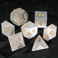 White Jade Pirate Dice Set with golden numerals, showcasing seven unique gemstone dice for tabletop RPG adventures.