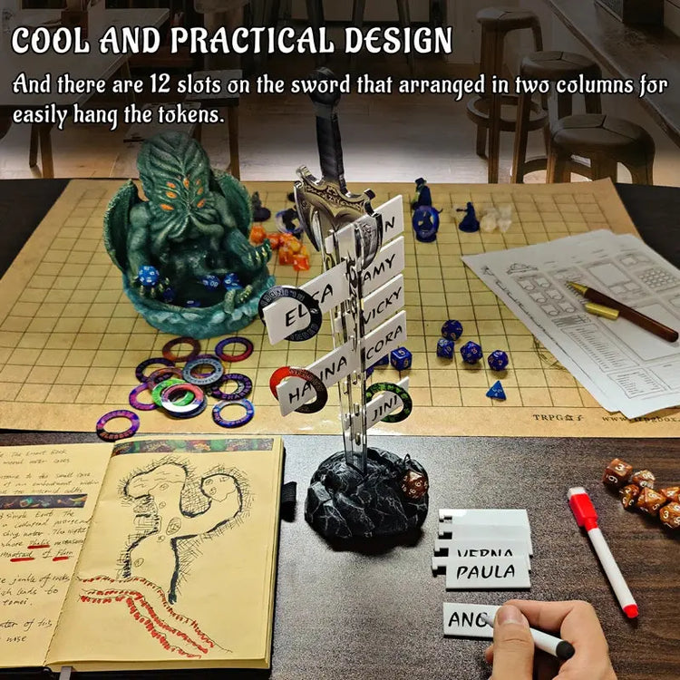 Acrylic Sword Initiative Tracker – Laser-Cut Sword in Magic Circle Base with 12 Erasable Flags for D&D & RPGs Gamers Guild