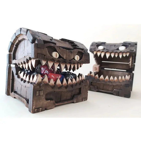Mimic Dice Chest for Dungeons & Dragons — Etched Pine, Collapsible Tower Tray, Portable Fantasy Monster Storage Gamers Guild