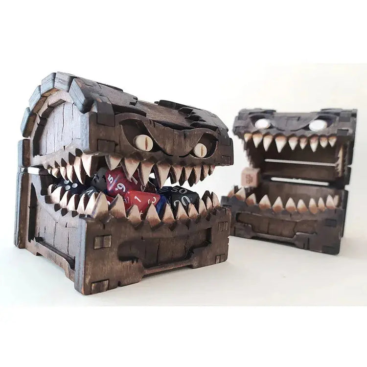 Mimic Dice Chest for Dungeons & Dragons — Etched Pine, Collapsible Tower Tray, Portable Fantasy Monster Storage Gamers Guild