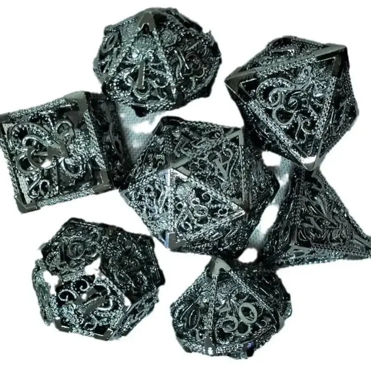 7-Piece Hollow Metal Dragon Dice Set – Engraved Polyhedral RPG Dice for D&D, Pathfinder & Collector Display Gamers Guild