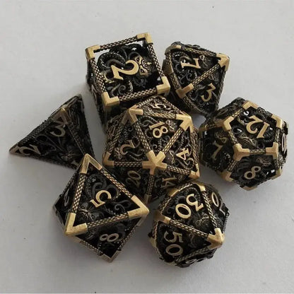 7 Pcs Hollow Metal Dice Set for DND RPG Dragon-Engraved Polyhedral Dice Tabletop Gaming Accessories for Dungeon Master Collector Gamers Guild