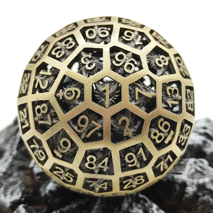 Hollow Metal D100 Dice – 100-Sided Dragon Engraved Brass Die for Dungeons & Dragons, Pathfinder & RPG Tabletop Games Gamers Guild