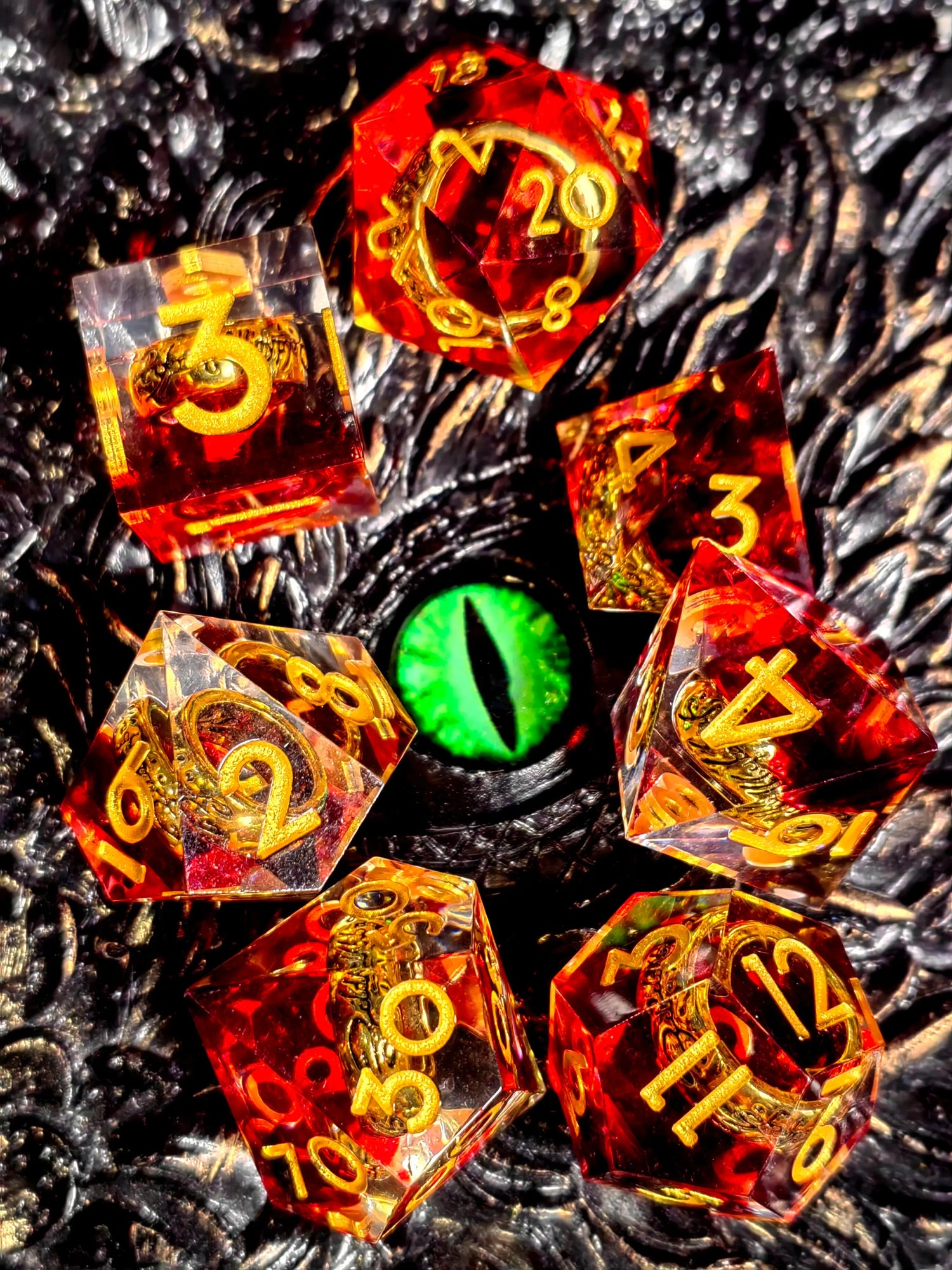 7-Piece Sharp Edge Resin Dice Set – Green Transparent Ring Core with Silver Numbers for RPGs Gamers Guild