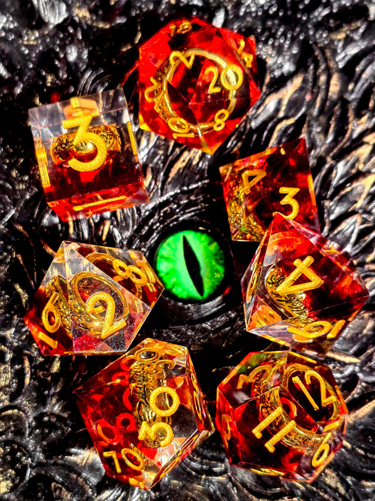 7-Piece Sharp Edge Resin Dice Set – Green Transparent Ring Core with Silver Numbers for RPGs Gamers Guild