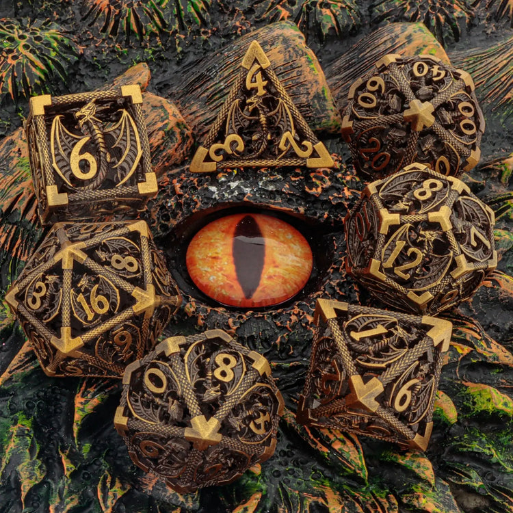 7-Piece Hollow Dragon Metal Dice Set – Intricately Carved Polyhedral Dice for Dungeons & Dragons, Pathfinder & RPG Tabletop Games Gamers Guild