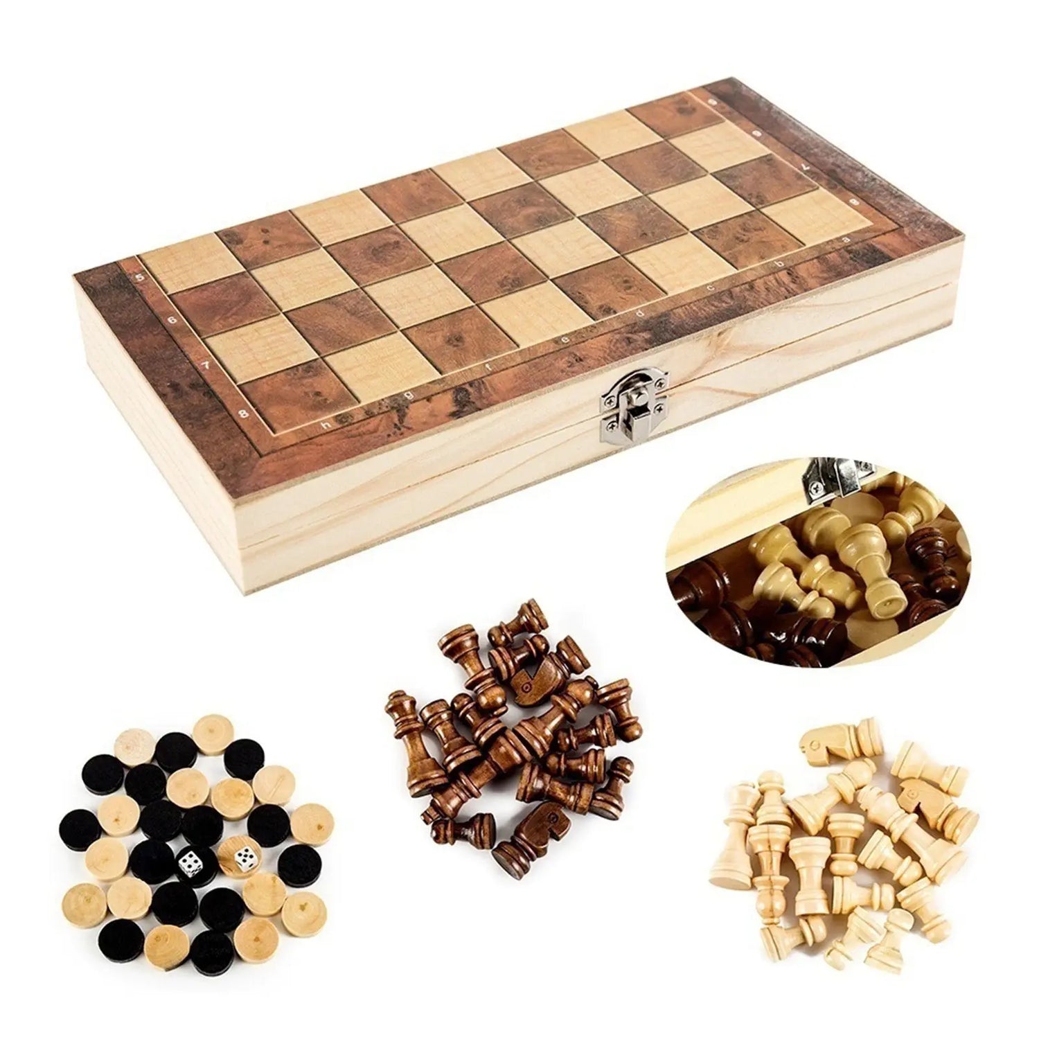 Foldable travel chess set with wooden pieces, checkers, and backgammon, ideal for fun on the go.