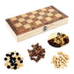 Foldable travel chess set with wooden pieces, checkers, and backgammon, ideal for fun on the go.