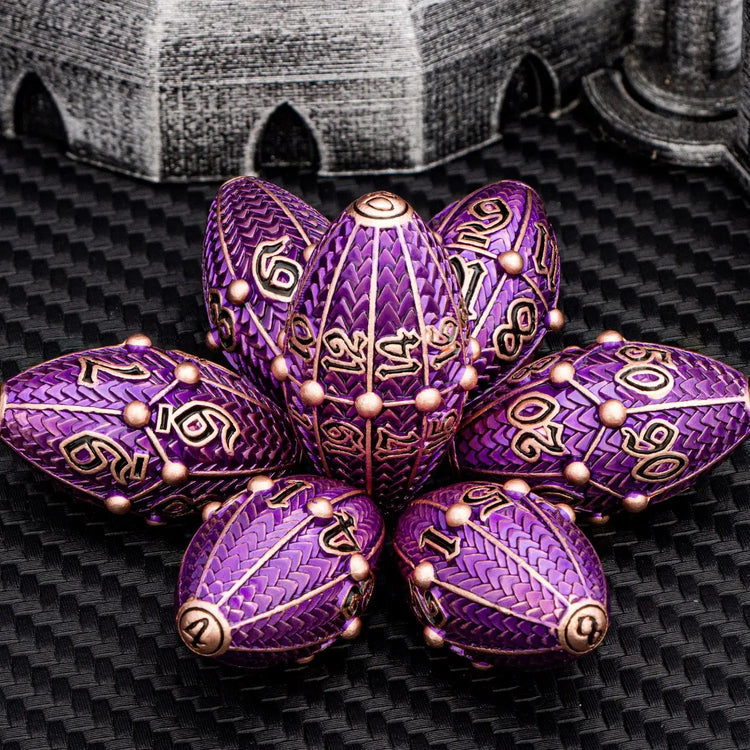 ARUOHHA Copper Purple Dragon Egg Dice Set – Metal Polyhedral Dice with Rotating Shell for D&D, Pathfinder & RPGs Gamers Guild