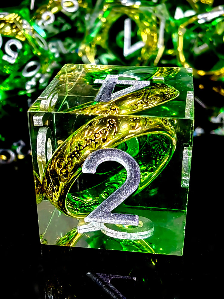 7-Piece Sharp Edge Resin Dice Set – Green Transparent Ring Core with Silver Numbers for RPGs Gamers Guild