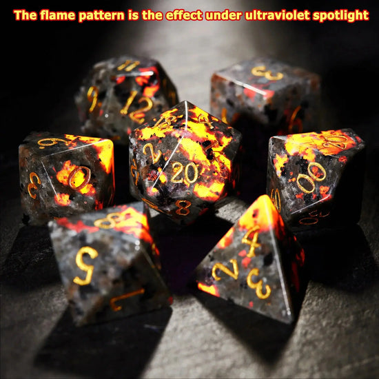 Flame Stone Volcanic Dice Set – 7Pcs UV-Reactive Gemstone Polyhedral Dice for DND & RPG Gamers Guild