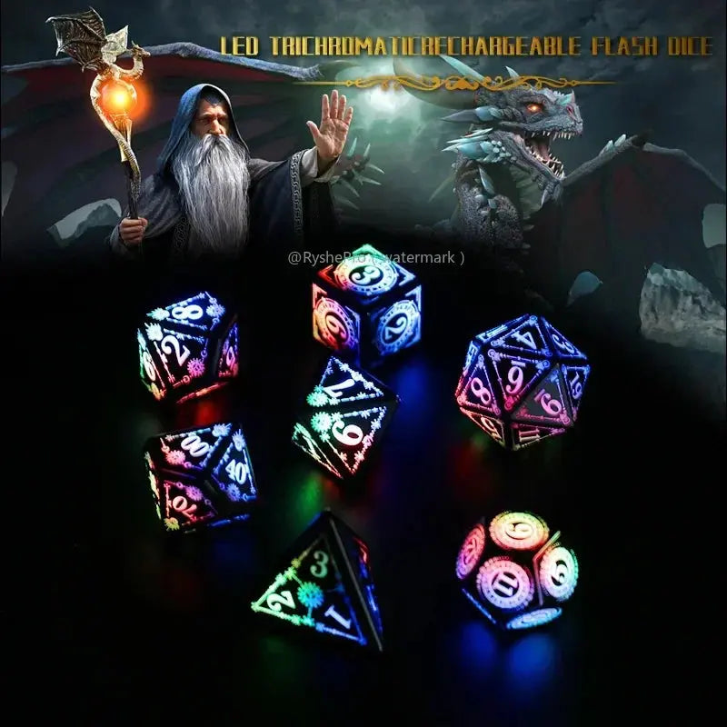 7-Piece Luminous DND Dice Set – Rechargeable Light-Up Polyhedral Dice with Charging Case for Dungeons & Dragons & RPG Games Gamers Guild