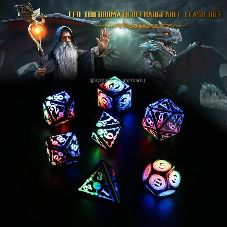 7-Piece Luminous DND Dice Set – Rechargeable Light-Up Polyhedral Dice with Charging Case for Dungeons & Dragons & RPG Games Gamers Guild