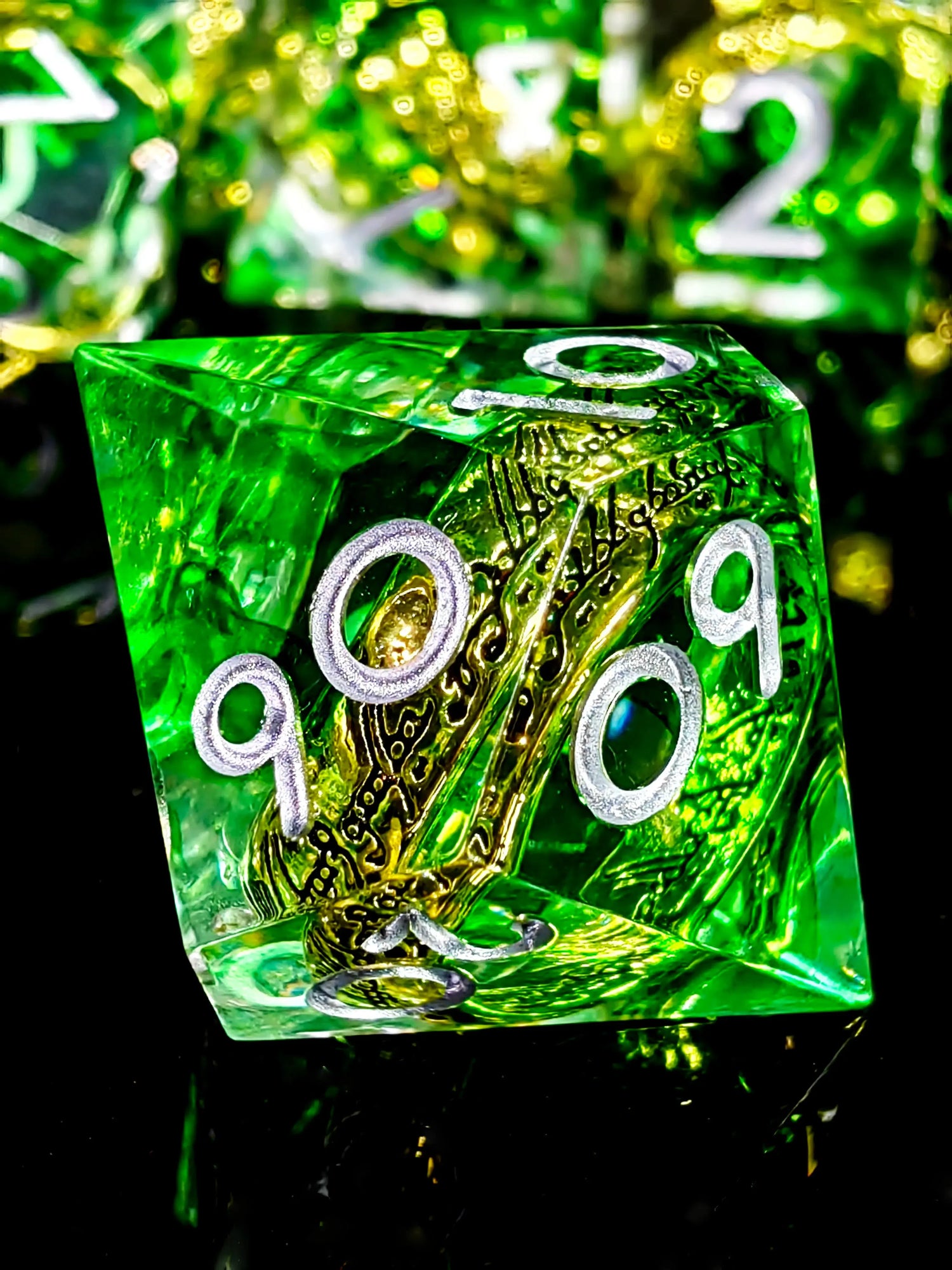 7-Piece Sharp Edge Resin Dice Set – Green Transparent Ring Core with Silver Numbers for RPGs Gamers Guild