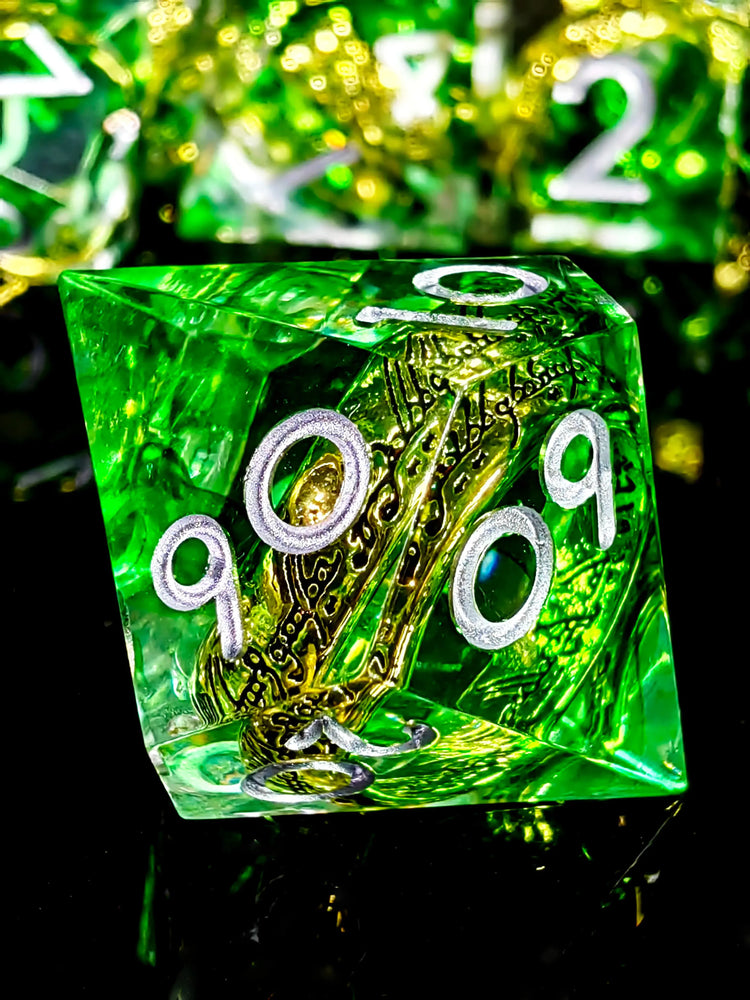 7-Piece Sharp Edge Resin Dice Set – Green Transparent Ring Core with Silver Numbers for RPGs Gamers Guild