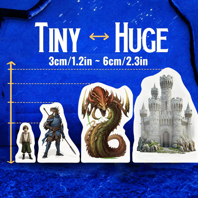Comparison of 2D DND miniatures sizes from tiny (3cm) to huge (6cm) with vibrant designs.