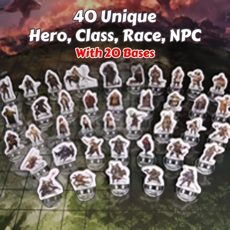 40 unique 2D DND miniatures set featuring heroes, classes, races, and NPCs with 20 sturdy bases for RPG adventures.